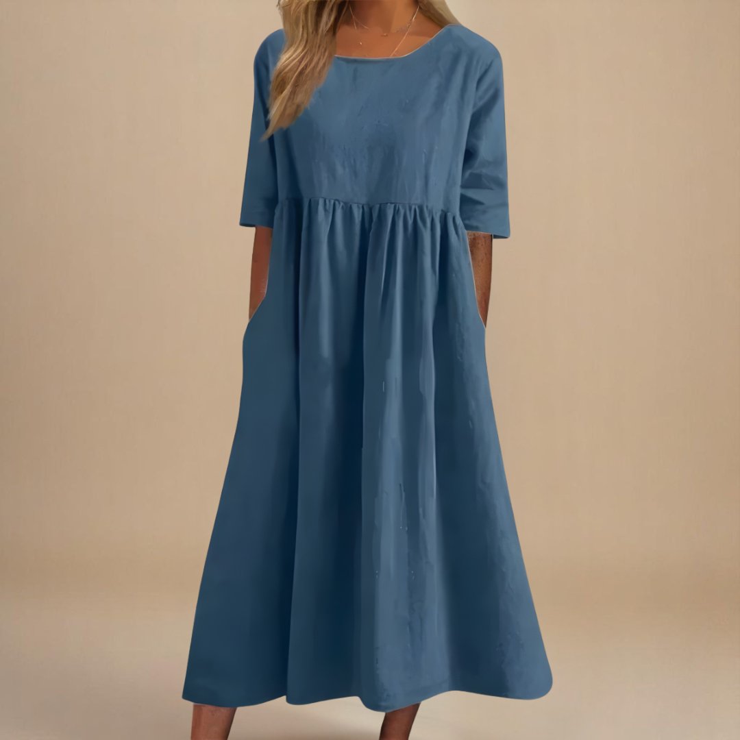 Women's Empire-Waist Linen Midi Dress with Half Sleeves