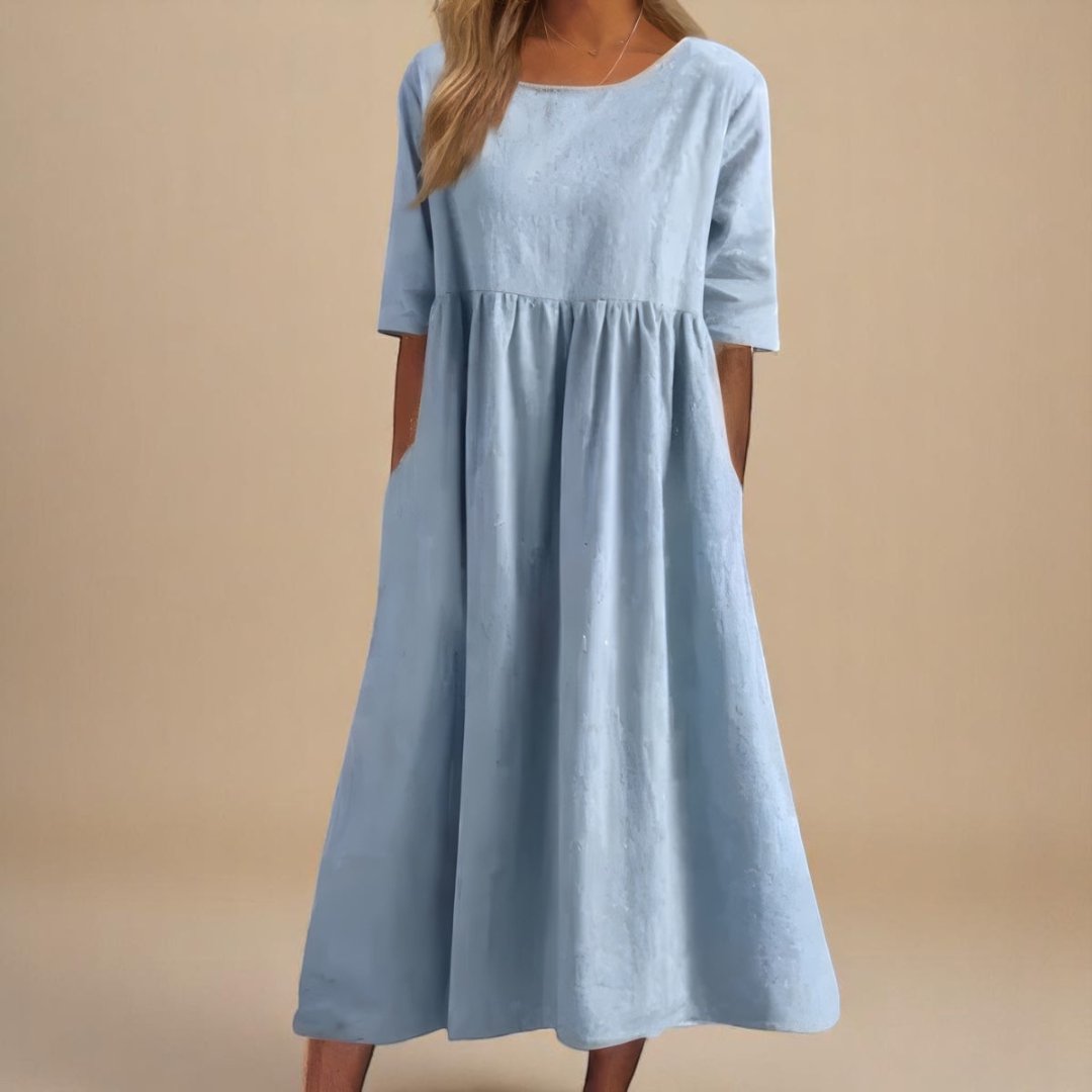 Women's Empire-Waist Linen Midi Dress with Half Sleeves