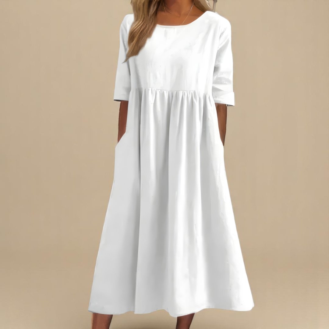 Women's Empire-Waist Linen Midi Dress with Half Sleeves