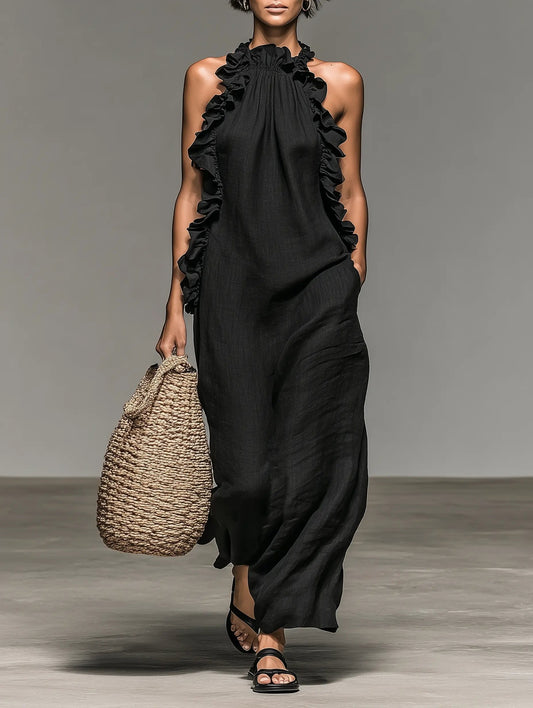 Women's Ruffled Sleeveless Linen Long Gown