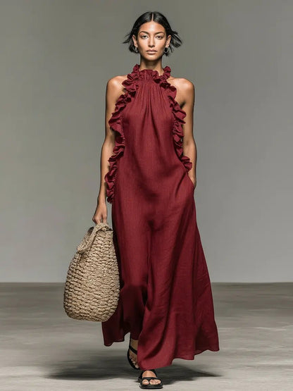 Women's Ruffled Sleeveless Linen Long Gown