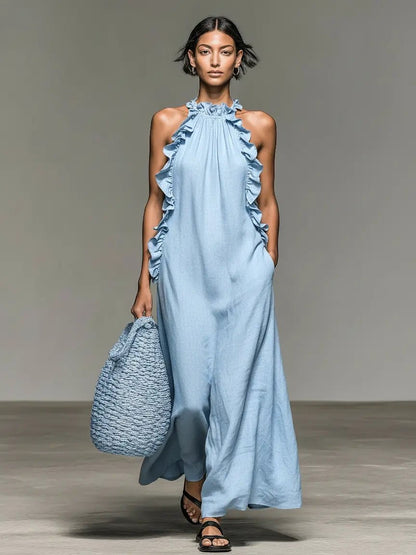 Women's Ruffled Sleeveless Linen Long Gown