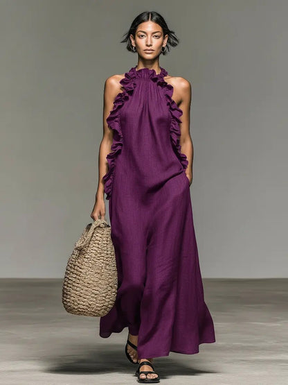 Women's Ruffled Sleeveless Linen Long Gown