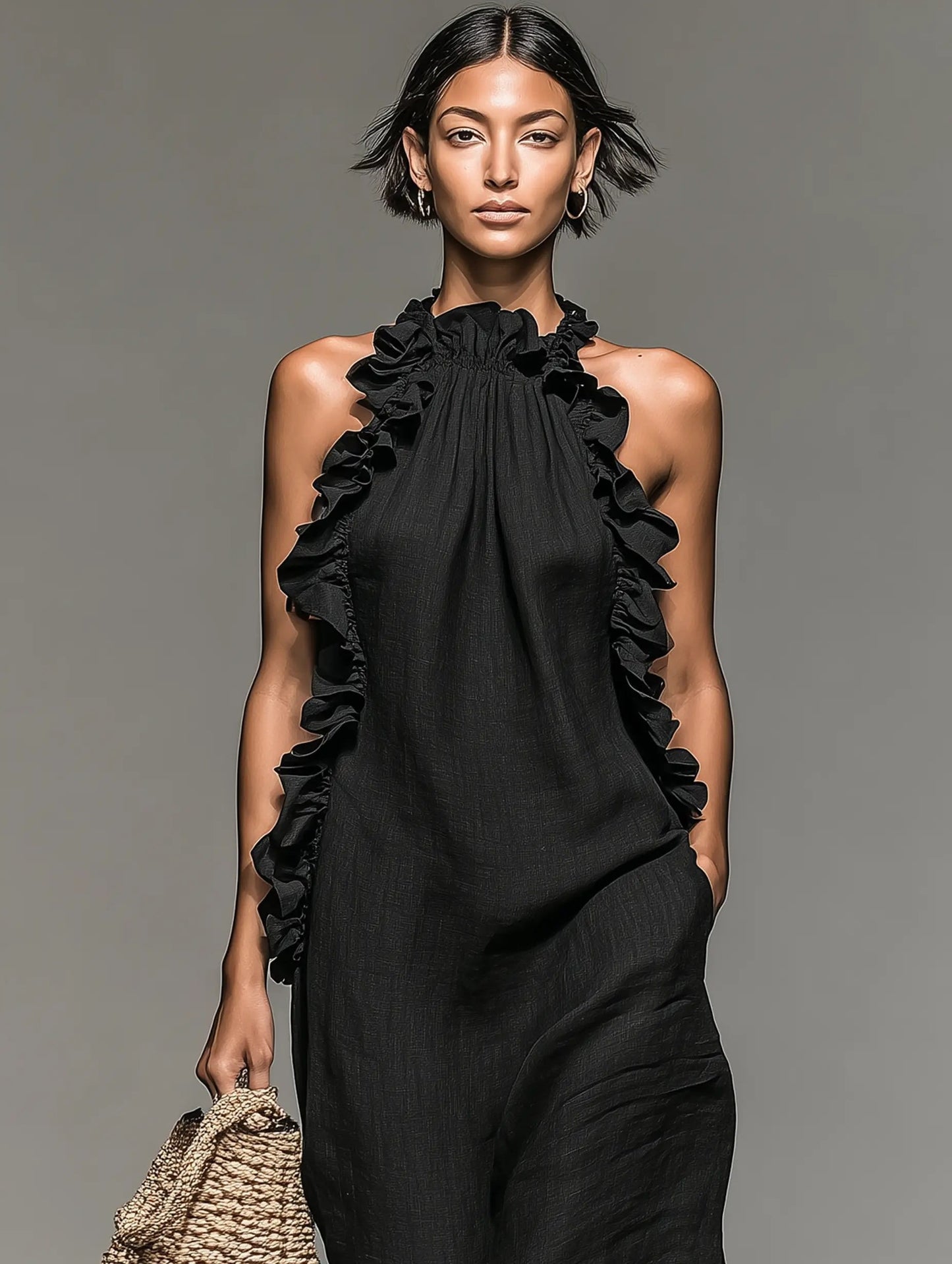 Women's Ruffled Sleeveless Linen Long Gown