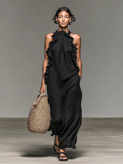 Women's Ruffled Sleeveless Linen Long Gown