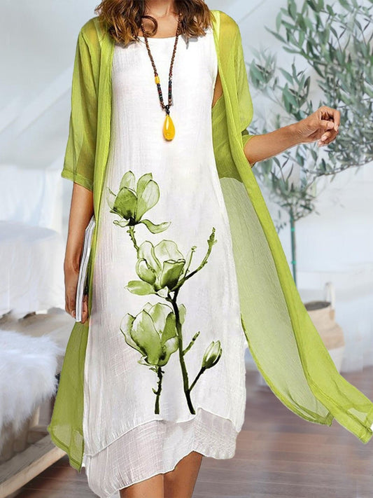 Women's Two-Piece Linen Tank Midi Dress and Chiffon Layering Coat Set