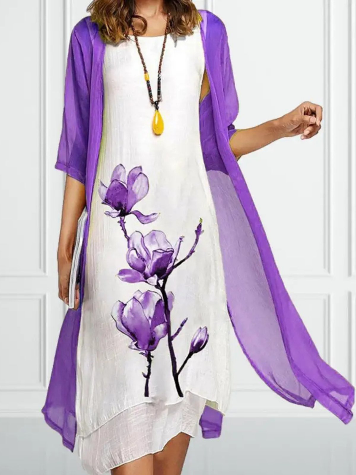 Women's Two-Piece Linen Tank Midi Dress and Chiffon Layering Coat Set