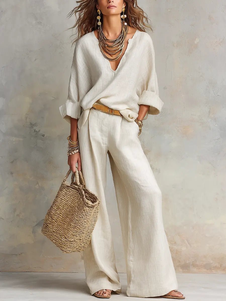 Women's V-Neck Linen Two-Piece Set with Relaxed Wide-Leg Trousers