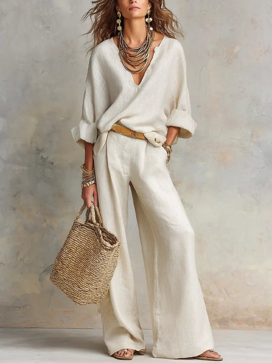 Women's V-Neck Linen Two-Piece Set with Relaxed Wide-Leg Trousers
