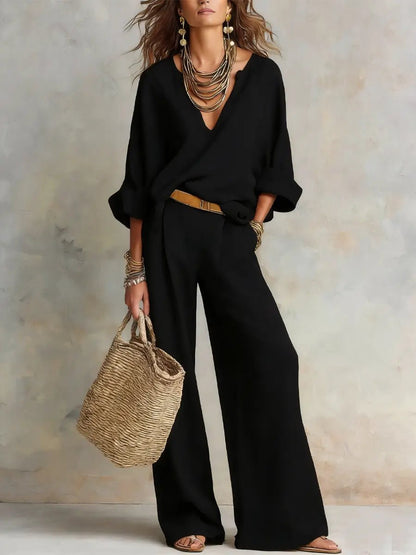 Women's V-Neck Linen Two-Piece Set with Relaxed Wide-Leg Trousers