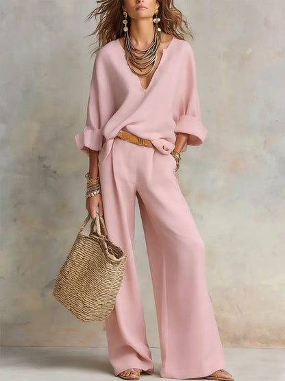 Women's V-Neck Linen Two-Piece Set with Relaxed Wide-Leg Trousers