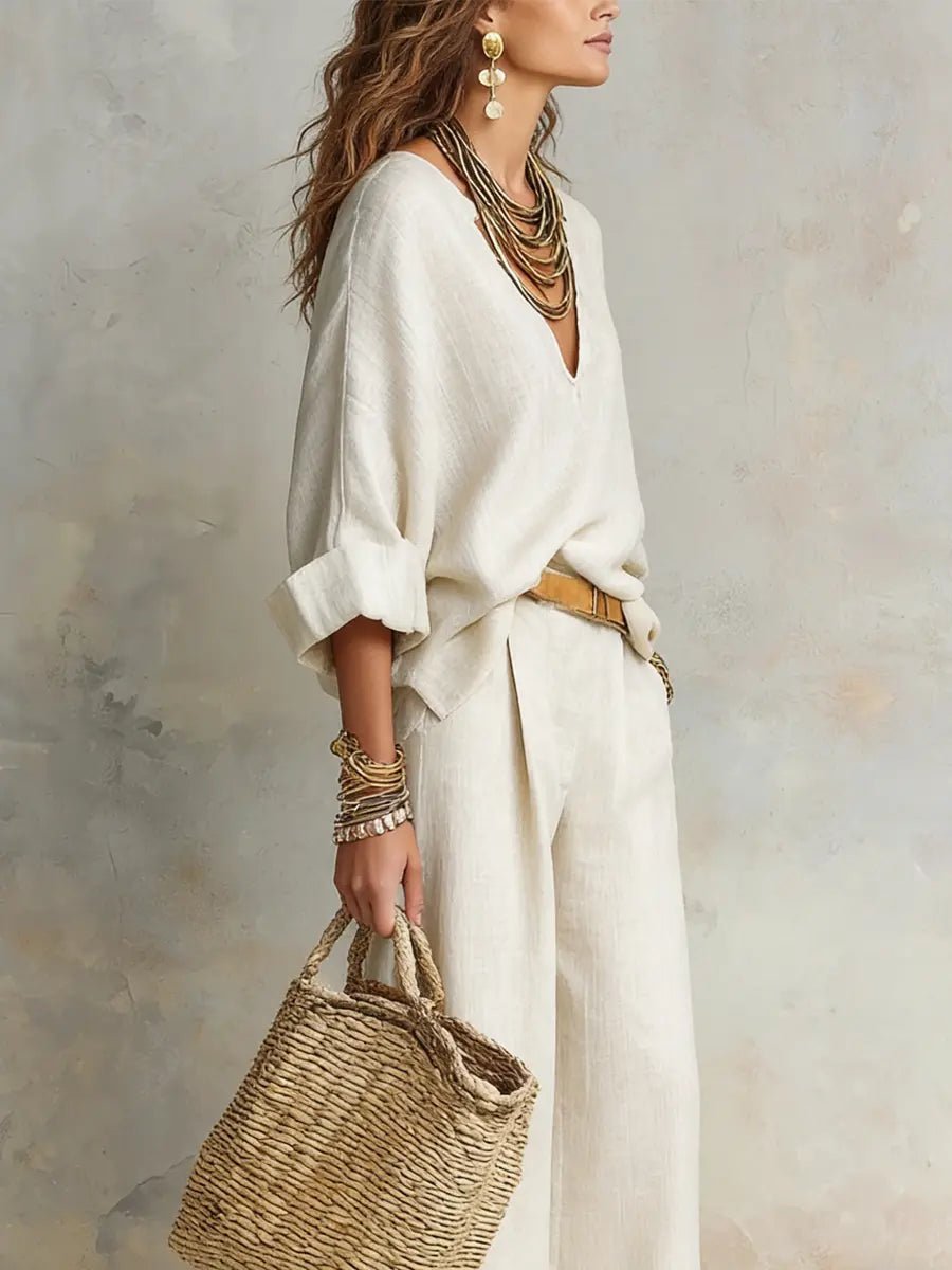 Women's V-Neck Linen Two-Piece Set with Relaxed Wide-Leg Trousers