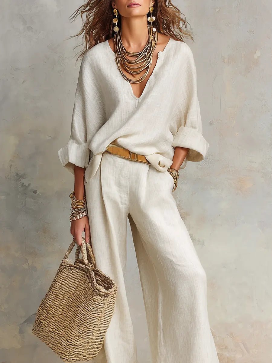 Women's V-Neck Linen Two-Piece Set with Relaxed Wide-Leg Trousers
