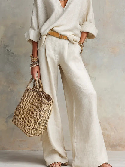 Women's V-Neck Linen Two-Piece Set with Relaxed Wide-Leg Trousers