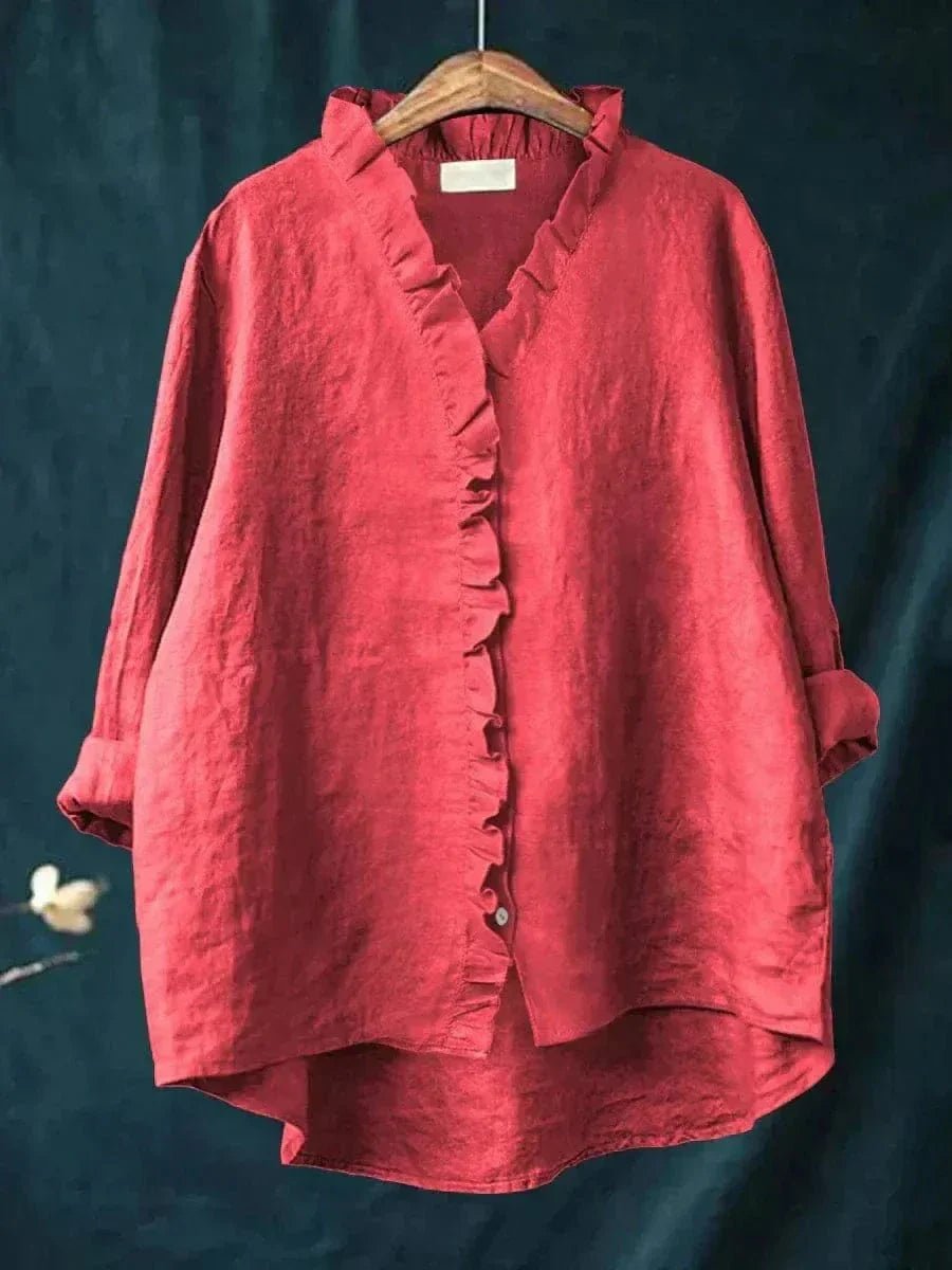 Loose-Fit Ruffled Linen Blouse for Women