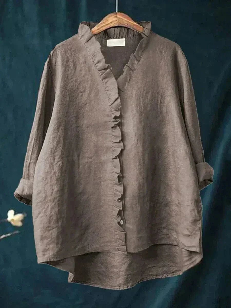Loose-Fit Ruffled Linen Blouse for Women