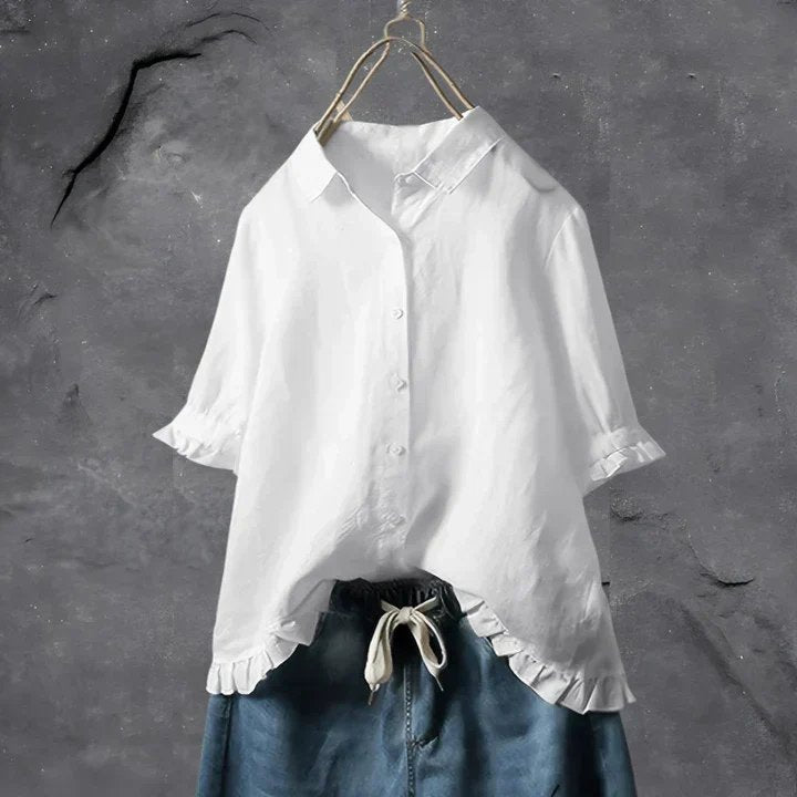 Women's Button-Front Linen Top with Ruffle Sleeves