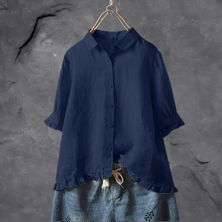 Women's Button-Front Linen Top with Ruffle Sleeves
