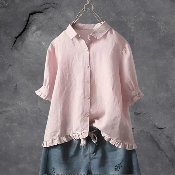 Women's Button-Front Linen Top with Ruffle Sleeves