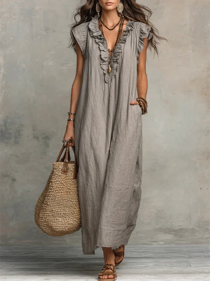 Women's V-Neck Ruffled Linen Maxi Dress