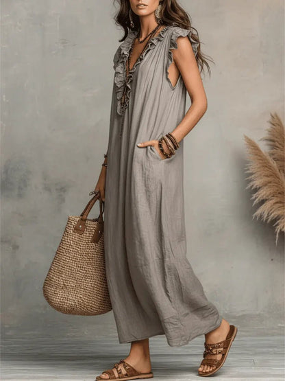 Women's V-Neck Ruffled Linen Maxi Dress