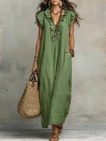 Women's V-Neck Ruffled Linen Maxi Dress