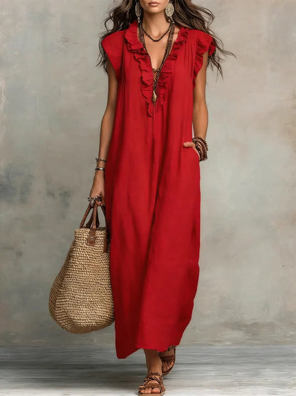 Women's V-Neck Ruffled Linen Maxi Dress