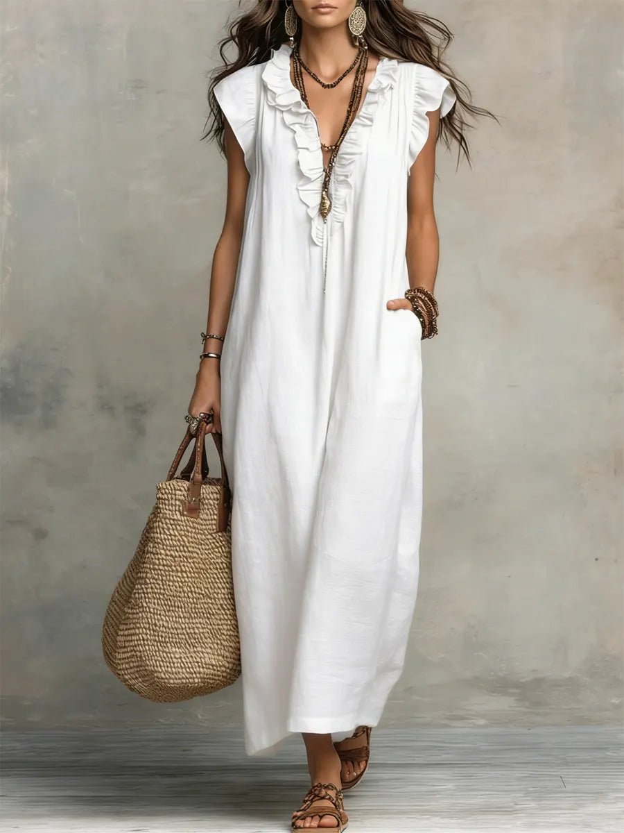 Women's V-Neck Ruffled Linen Maxi Dress