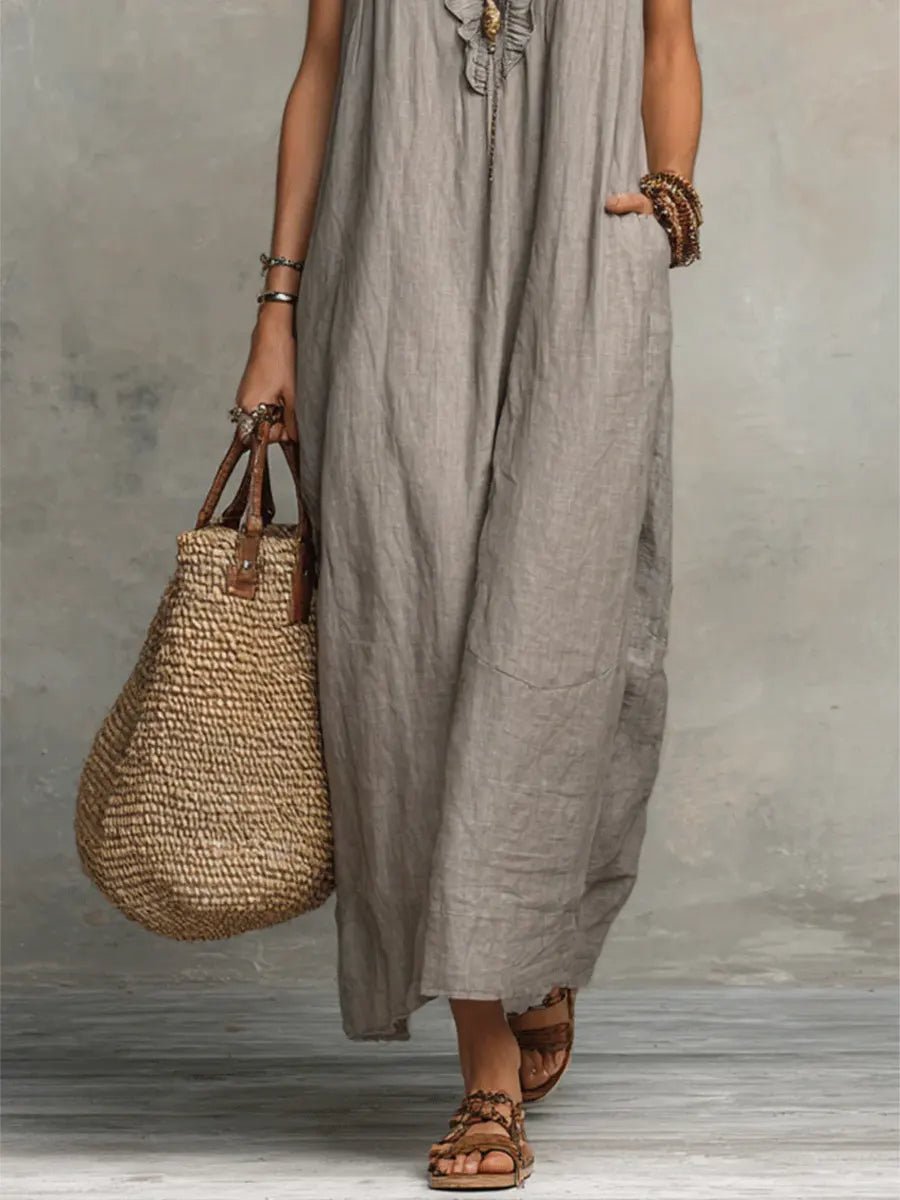 Women's V-Neck Ruffled Linen Maxi Dress