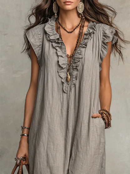 Women's V-Neck Ruffled Linen Maxi Dress