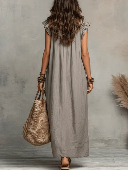 Women's V-Neck Ruffled Linen Maxi Dress
