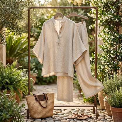 Women's Mandarin Collar Kimono Sleeve Linen Top and Wide-Leg Pants Set