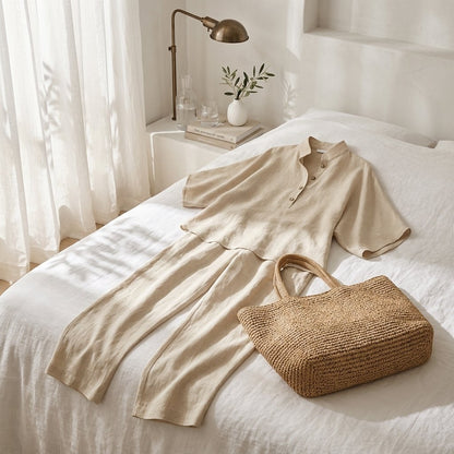 Women's Mandarin Collar Kimono Sleeve Linen Top and Wide-Leg Pants Set