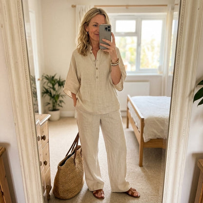 Women's Mandarin Collar Kimono Sleeve Linen Top and Wide-Leg Pants Set