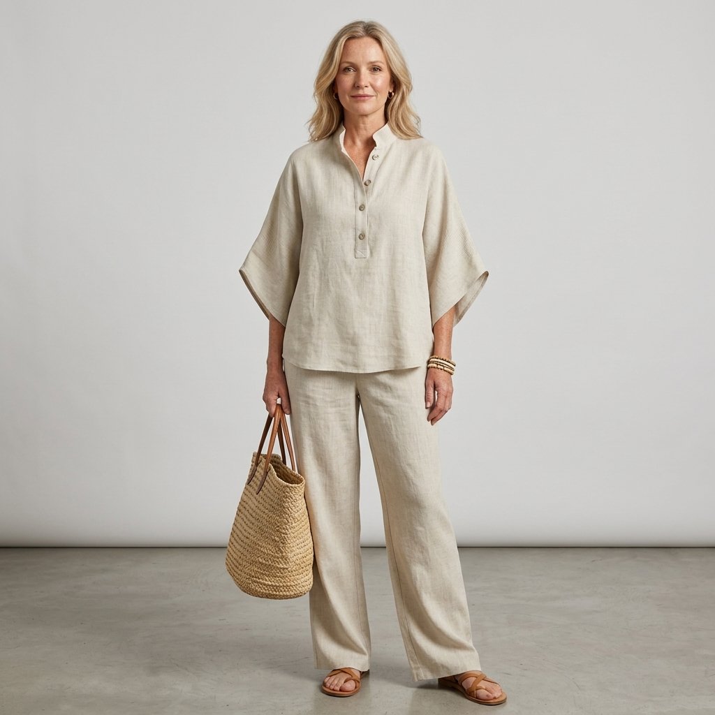 Women's Mandarin Collar Kimono Sleeve Linen Top and Wide-Leg Pants Set