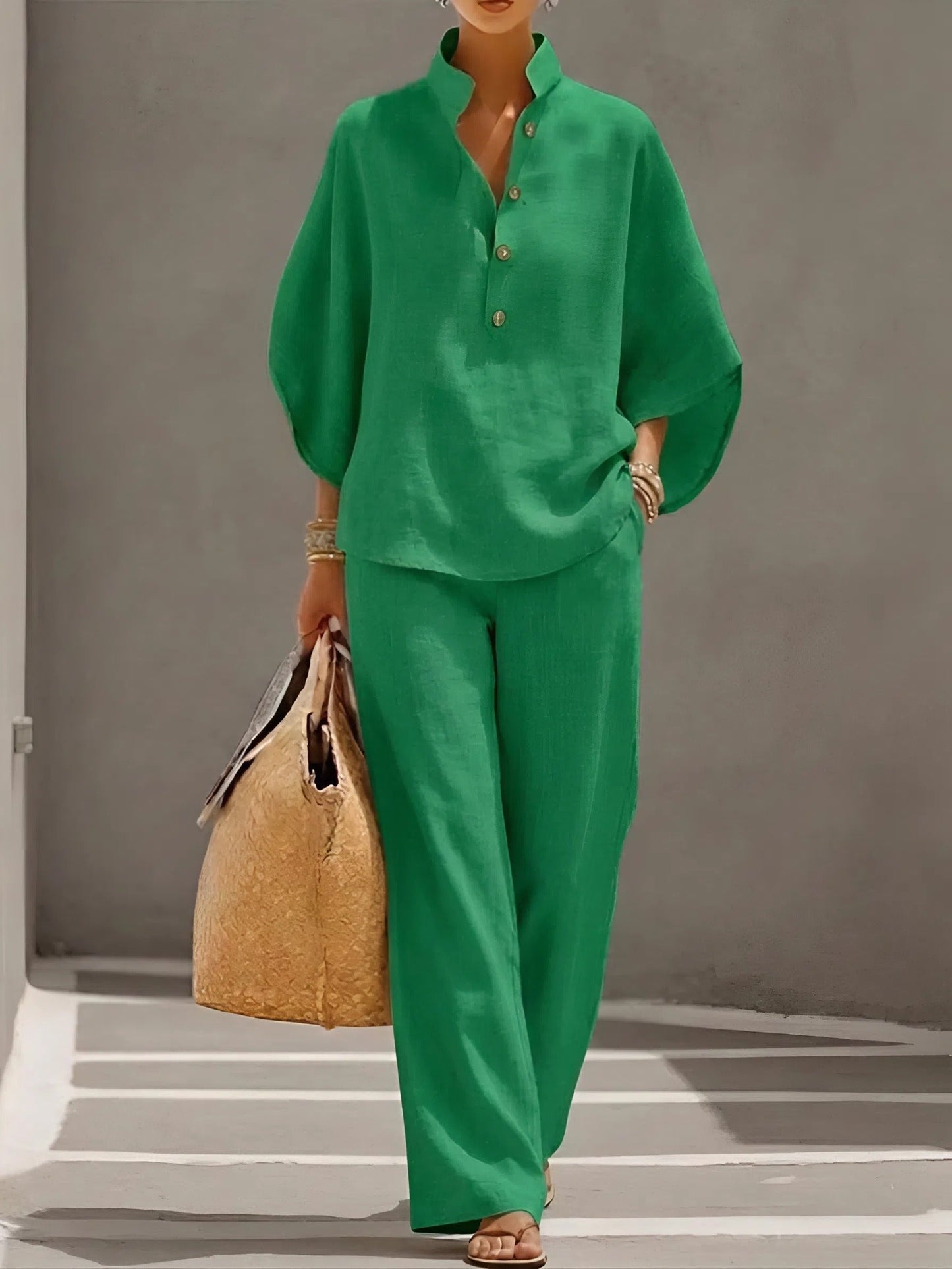 Women's Mandarin Collar Kimono Sleeve Linen Top and Wide-Leg Pants Set