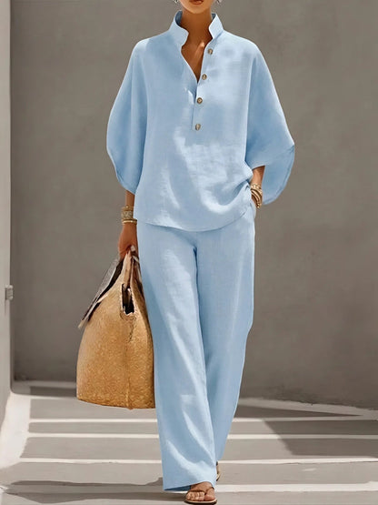 Women's Mandarin Collar Kimono Sleeve Linen Top and Wide-Leg Pants Set