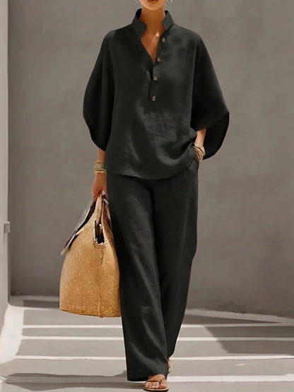 Women's Mandarin Collar Kimono Sleeve Linen Top and Wide-Leg Pants Set
