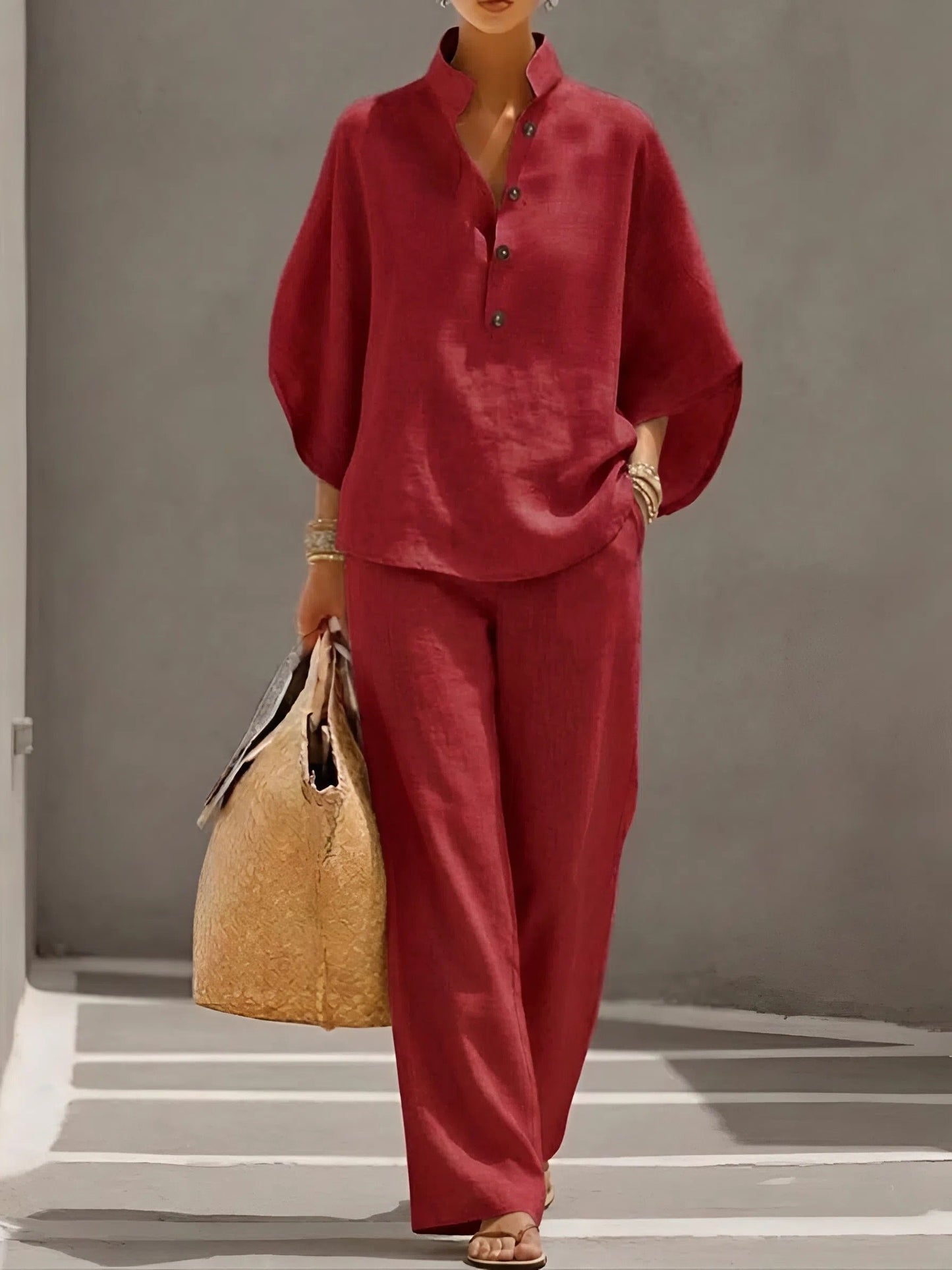 Women's Mandarin Collar Kimono Sleeve Linen Top and Wide-Leg Pants Set