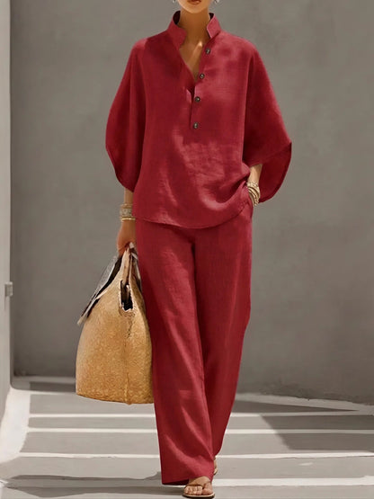 Women's Mandarin Collar Kimono Sleeve Linen Top and Wide-Leg Pants Set