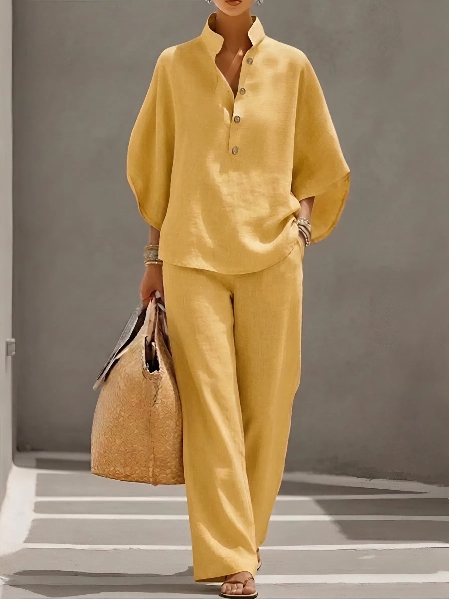 Women's Mandarin Collar Kimono Sleeve Linen Top and Wide-Leg Pants Set