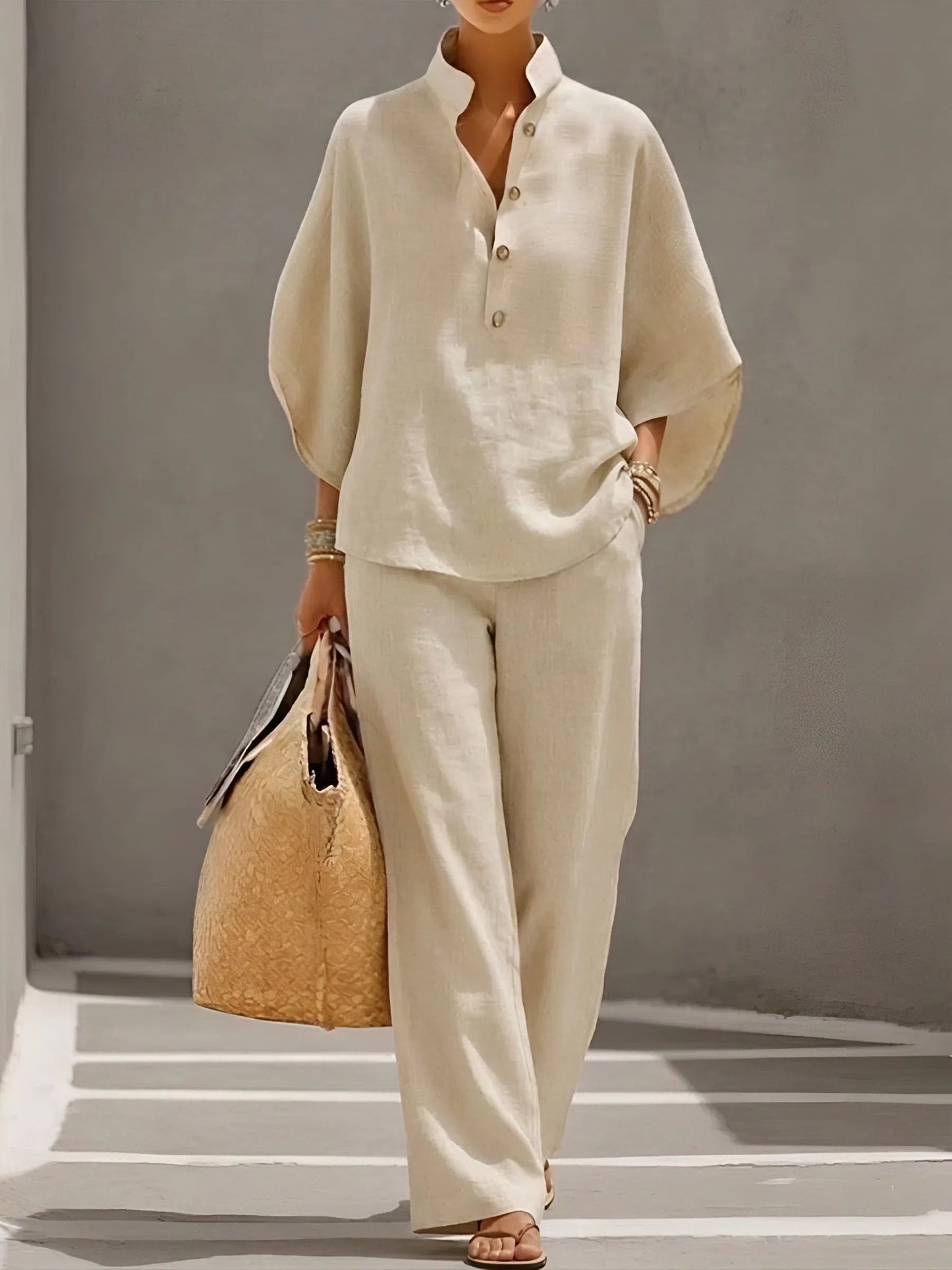 Women's Mandarin Collar Kimono Sleeve Linen Top and Wide-Leg Pants Set