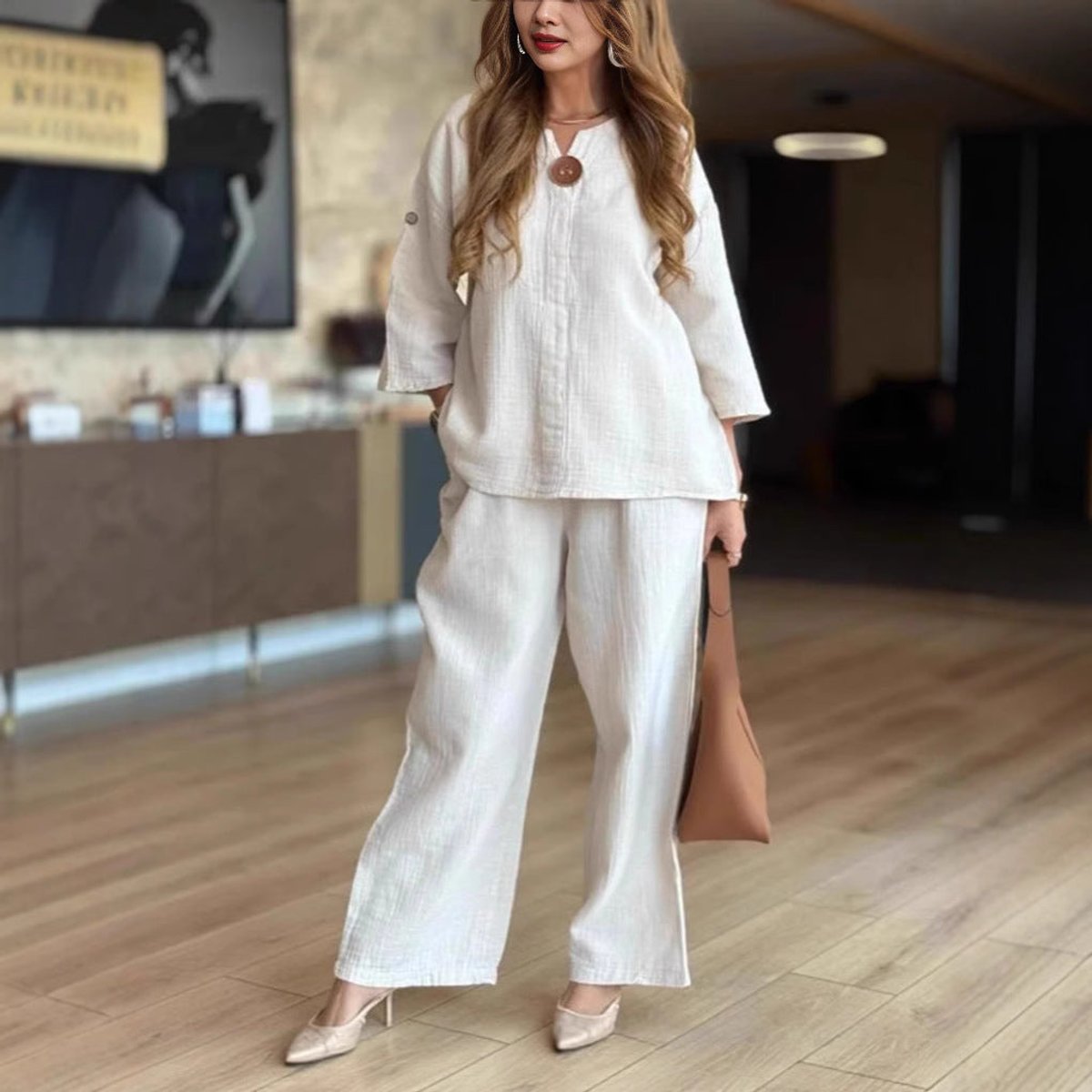 Women's 3/4-Sleeve Linen Tunic and Palazzo Pants Co-ord