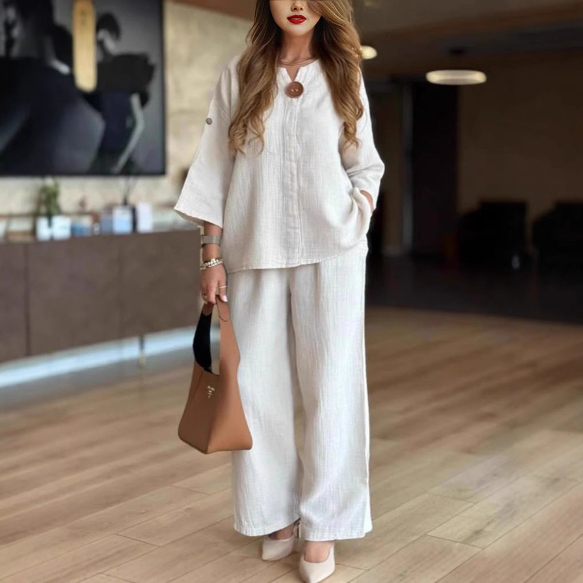 Women's 3/4-Sleeve Linen Tunic and Palazzo Pants Co-ord