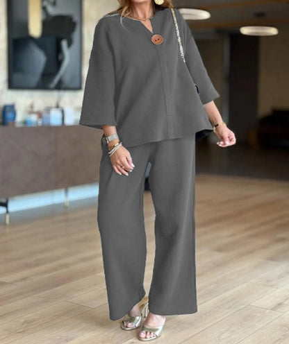 Women's 3/4-Sleeve Linen Tunic and Palazzo Pants Co-ord