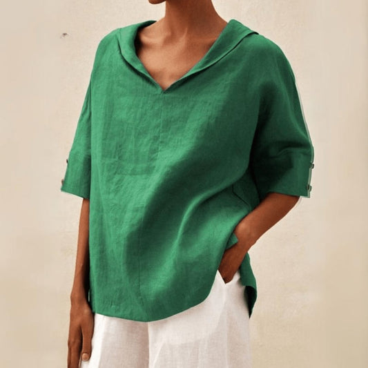 Collared V-Neck Linen Tunic Top for Women