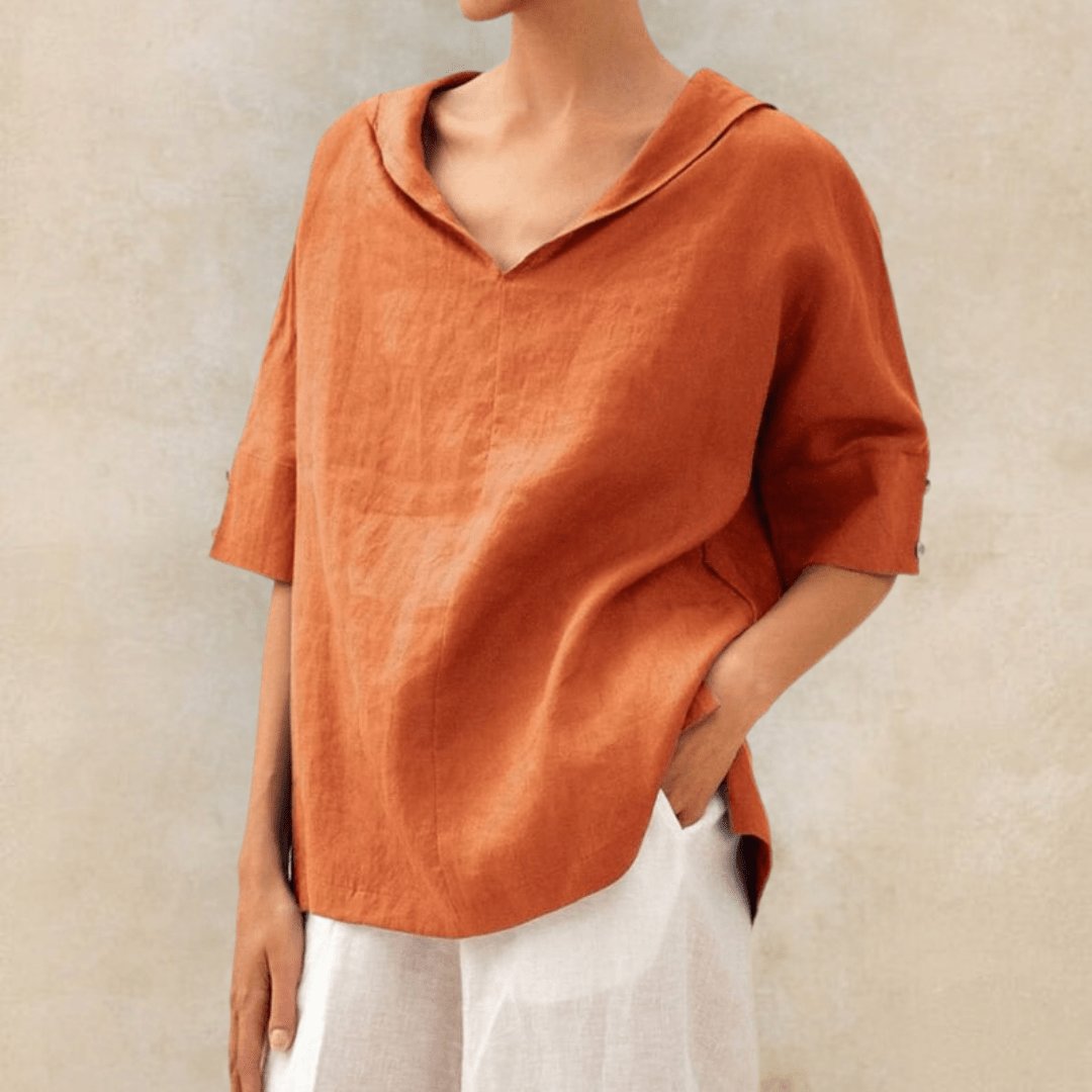 Collared V-Neck Linen Tunic Top for Women