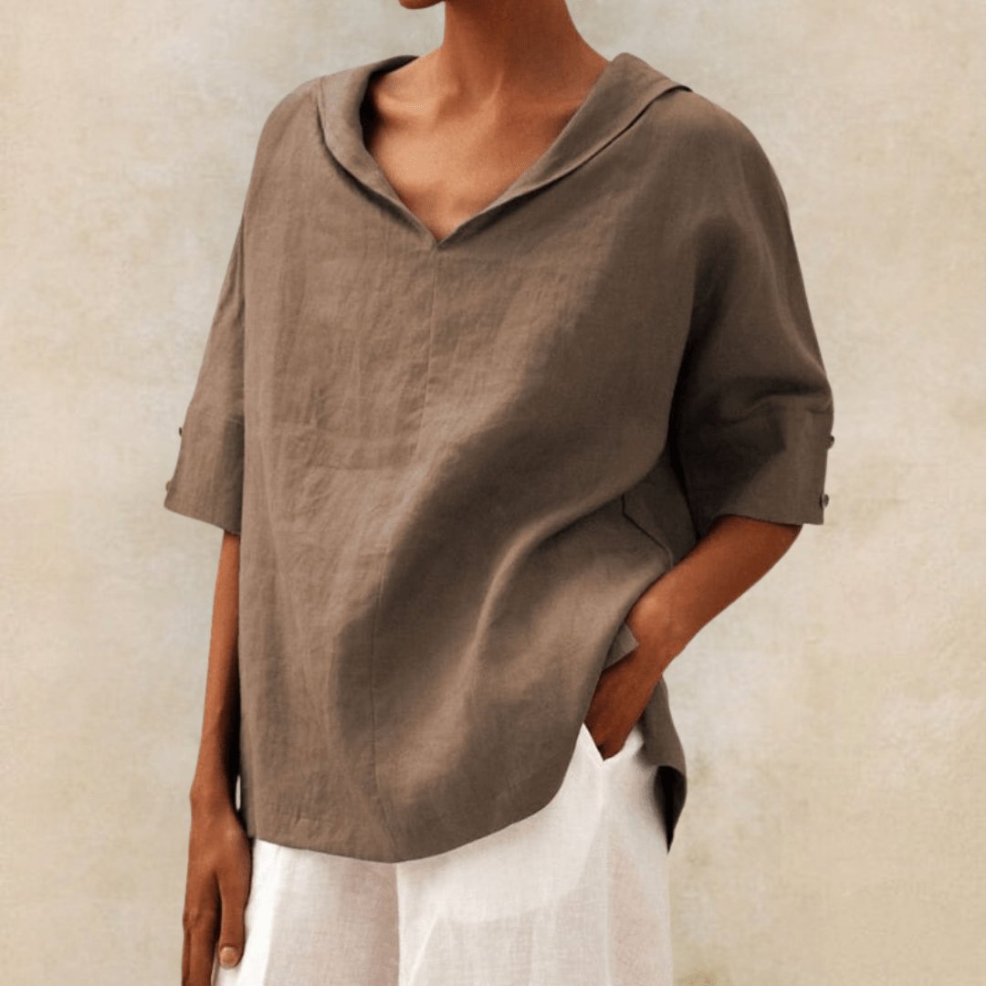 Collared V-Neck Linen Tunic Top for Women