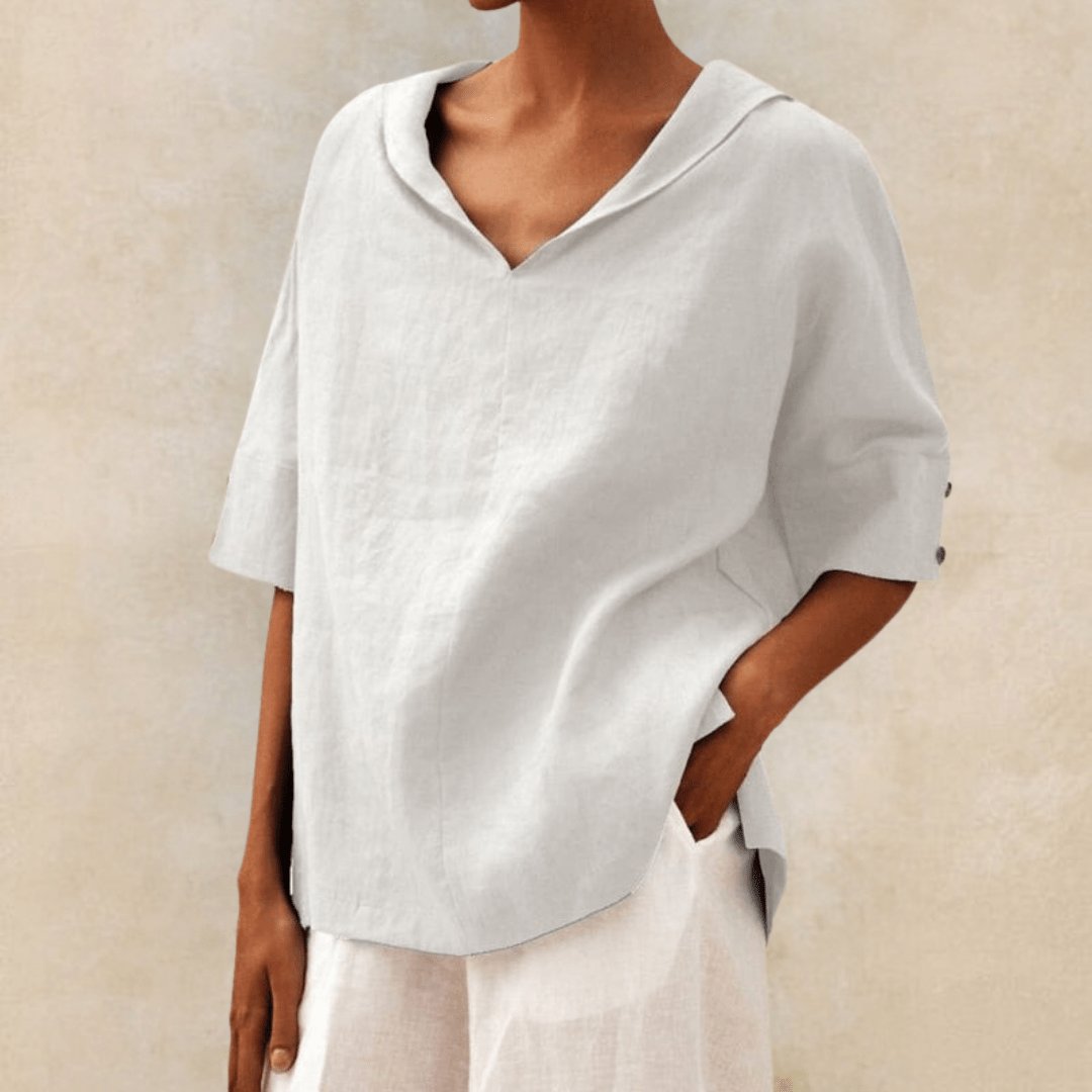 Collared V-Neck Linen Tunic Top for Women