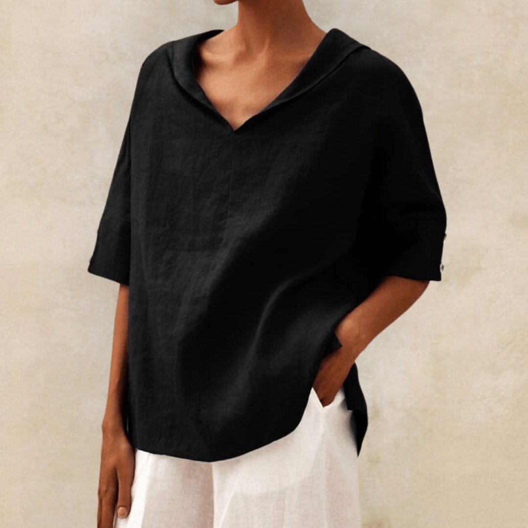 Collared V-Neck Linen Tunic Top for Women